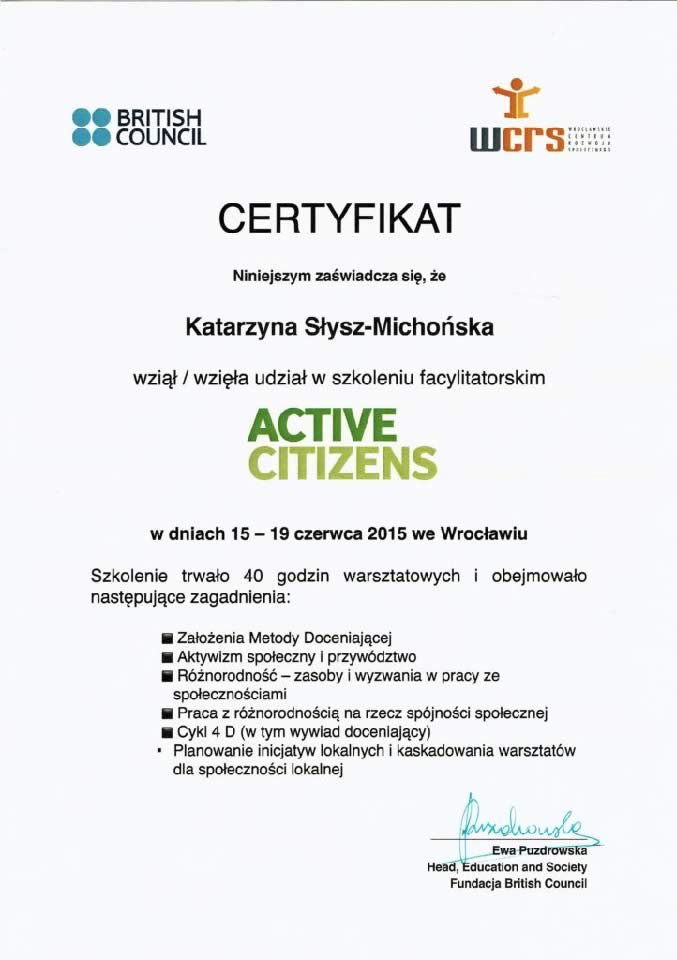 Certyfikat Katarzyny Słysz-Michońskiej