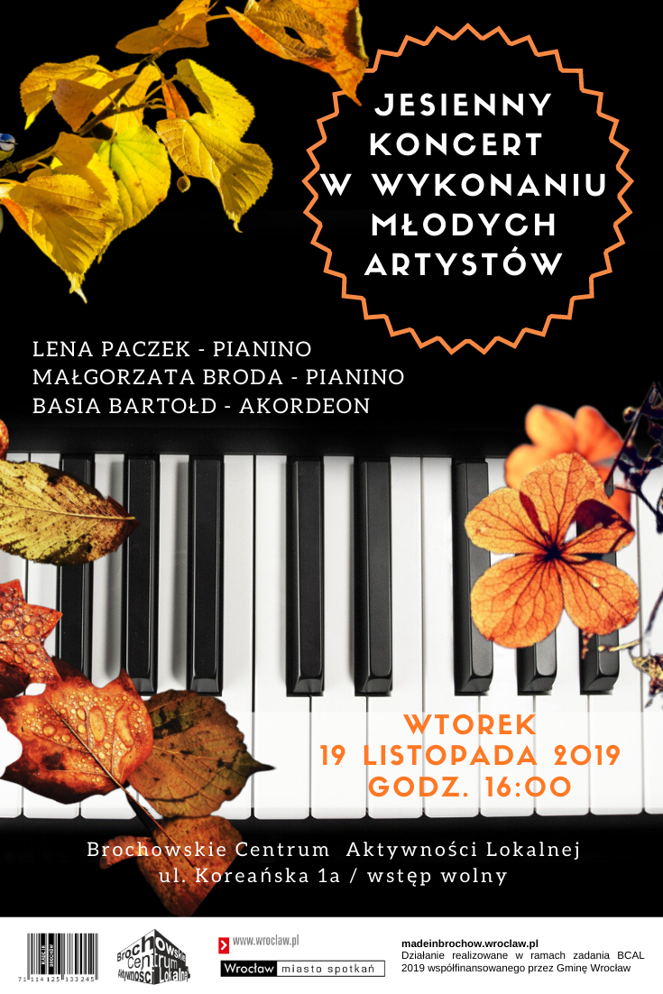 Plakat informujący o koncercie skomponowany ze zdjęcia klawiatury fortepianu i liści