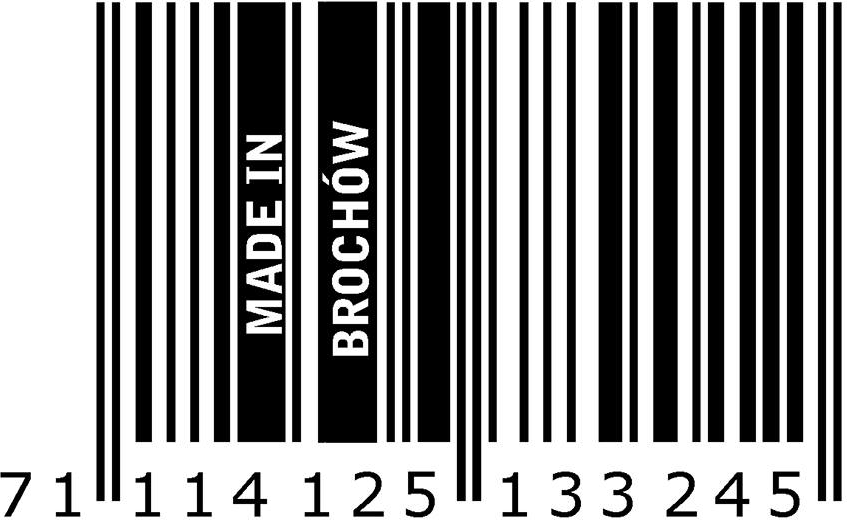 Logotyp Fundacji Made in Brochów przedstawiający nazwę fundacji wkomponowaną w czarno-biały kod kreskowy