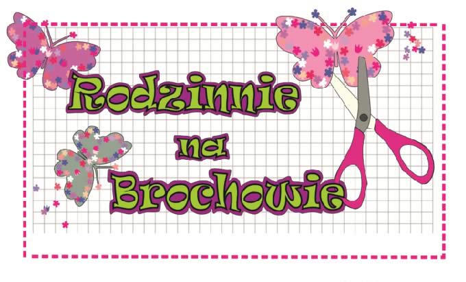 Znak projektu Rodzinnie na Brochowie. Rysunkowe motyle, nożyczki i napis.